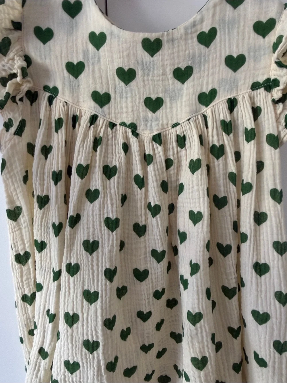 Konges Slojd Girls Cream Dress with Green Heart Print - Ruffled Sleeves Size 3Y